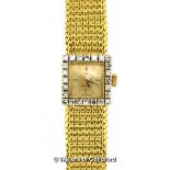 Ladies' Omega 18ct gold diamond set wristwatch, champagne coloured square dial with baton hour