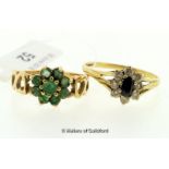 Emerald cluster ring in 9ct yellow gold with open heart detail to the shoulders, ring size M,