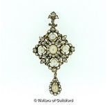 Diamond and pearl brooch/pendant, set with old cut and rose cut diamonds and four pearls 6.5mm to