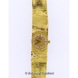 Ladies' 18ct gold Omega bracelet watch, circular gold coloured dial with baton hour markers, a/f,