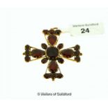 Garnet set cross pendant, openwork design with closed back yellow metal setting, tested as 9ct, 35 x