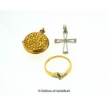9ct white gold openwork cross set with four small diamonds, a diamond set ring in yellow metal
