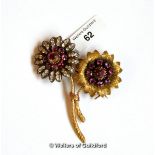 Double flower brooch, floral designs set with rubies and white paste stones, in white and yellow