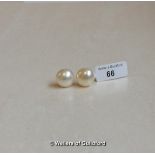 Button pearl ear studs with yellow metal screw posts, stamped 9ct