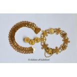 Yellow metal fancy link bracelet tested as 18ct, together with a Chinese design bracelet and brooch,