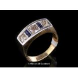 Sapphire and diamond ring, three old cut diamonds alternately set with two baguette cut sapphires,