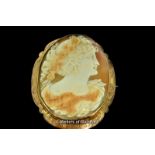 Large oval shell cameo brooch with portrait of a lady with flower adorned hair, yellow metal