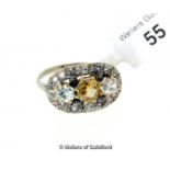 Diamond cluster ring, central fancy yellow old cut diamond weighing an estimated 0.65ct, with a blue