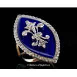 Crystal glass and diamond set marquise shaped ring, the blue crystal glass decorated with a fleur de