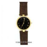 *Ladies' Must de Cartier silver gilt wristwatch, circular black dial with Roman numerals,