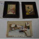 Two small 19th Century watercolour portraits of ladies, 8.75 x 6cm; a small painting on silk of a