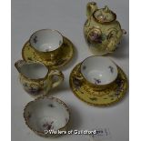 A Dresden porcelain tea-for-two set, comprising globular teapot, two cups and saucers, milk jug