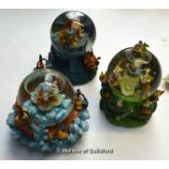 Disney snow globes: Lion King, Sorcerer's Apprentice and Snow White and the Seven Dwarfs, boxed.