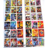 A mixed collection of trading cards including Marvel Comics X-Men cards, DC Comics Superheroes