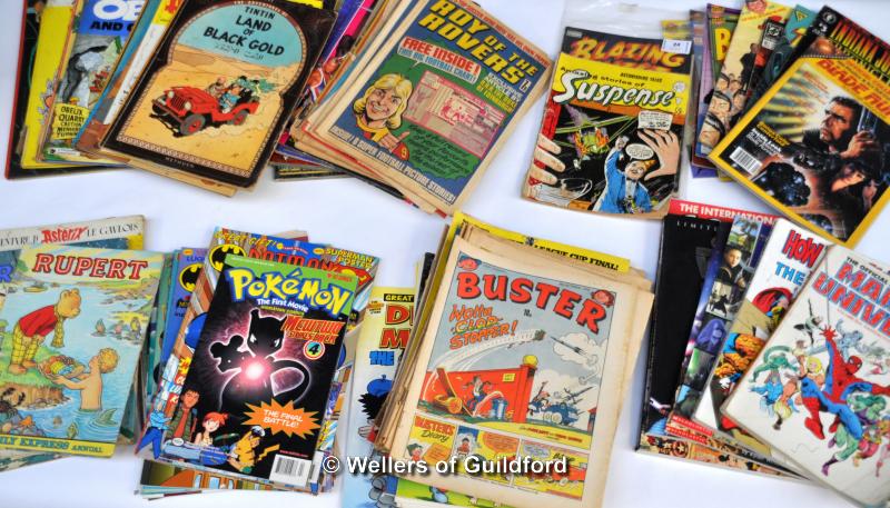 A mixed collection of comics, magazines, books and annuals including Rupert the Bear, Tintin,