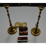 Collectibles including a pair of turned brass candlesticks, 33.5cm tall, a Crown Devon toast rack,