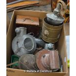 Three circular brass air vents, quantity of rowlocks, cleats, oil cans and other boating