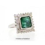 Emerald and diamond cluster ring, square shaped fancy step cut emerald weighing an estimated 6.