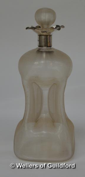 A Victorian ribbed glass glug-glug decanter with silver collar, London 1890.