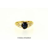 Sapphire and diamond cluster ring, oval cut sapphire with three old cut diamonds to either side,