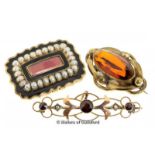 Three brooches, one set with seed pearls and black enamel, mounted in yellow metal tested as 14ct,