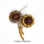 Double flower brooch, floral designs set with rubies and white paste stones, in white and yellow