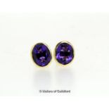 Amethyst earrings, oval cut amethysts rubover set in yellow metal stamped as 14ct, silver