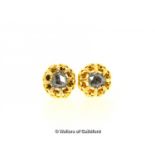 Rose cut diamond clip-on earrings, rose cut diamonds mounted in an openwork yellow metal design,