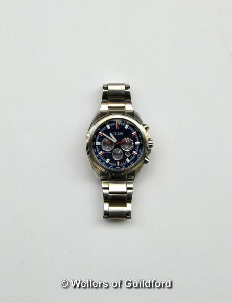 *Gentlemen's Citizen Eco-Drive stainless steel wristwatch, circular blue dial with red and white