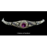 Art Deco ruby, sapphire and diamond cocktail bracelet, fine quality central round ruby with a halo