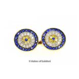 Disc style earrings set with rows of blue, white and yellow stones, mounted in yellow metal tested