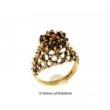 Garnet cluster ring, round cut garnets mounted in an ornate openwork 9ct yellow gold setting, ring