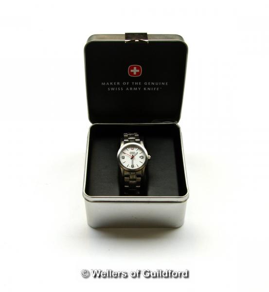 *Ladies' Wenger Military stainless steel wristwatch, circular white dial with Arabic numerals and