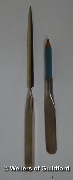 A silver combination letter opener and pencil, Birmingham 1899; a letter opener with silver