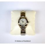 *Ladies' Gc stainless steel bracelet watch, round mother of pearl dial with two subsidiary dials,