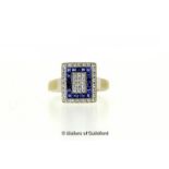 Sapphire and diamond set panel ring, round brilliant cut diamonds with a row of calibre cut
