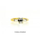 Single stone diamond ring, millennium cut diamond with tapered baguette cut diamond to each