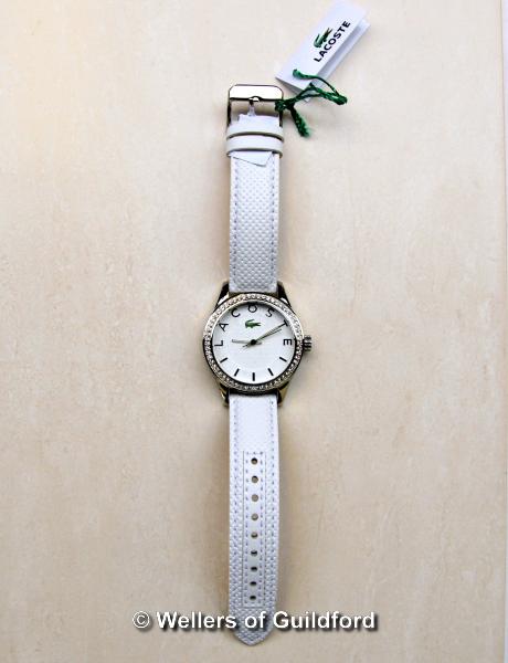 *Ladies' Lacoste wristwatch, circular white dial with 'LACOSTE' and baton hour markers, white