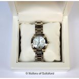 *Ladies' Gc stainless steel bracelet watch, round mother of pearl dial with two subsidiary dials,