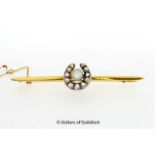 Diamond and pearl bar brooch, rose cut diamonds mounted in a horseshoe design with a central
