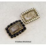 Two mourning brooches, one set with interwoven hair and a surround of seed pearls, in yellow metal
