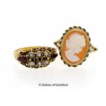 Seed pearl and garnet ring mounted in 15ct yellow gold, ring size M, together with a cameo ring