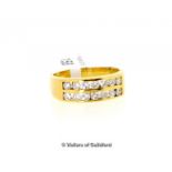 Diamond half eternity ring, two rows of round brilliant cut diamonds channel set in 18ct yellow