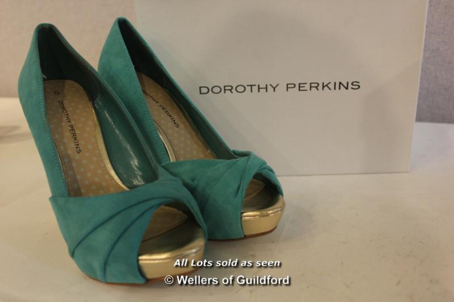 *X LADIES NEW AND BOXED DOROTHY PERKINS AQUA GLORY HIGH OPEN HEELS - 5 (SH-0420-120516)