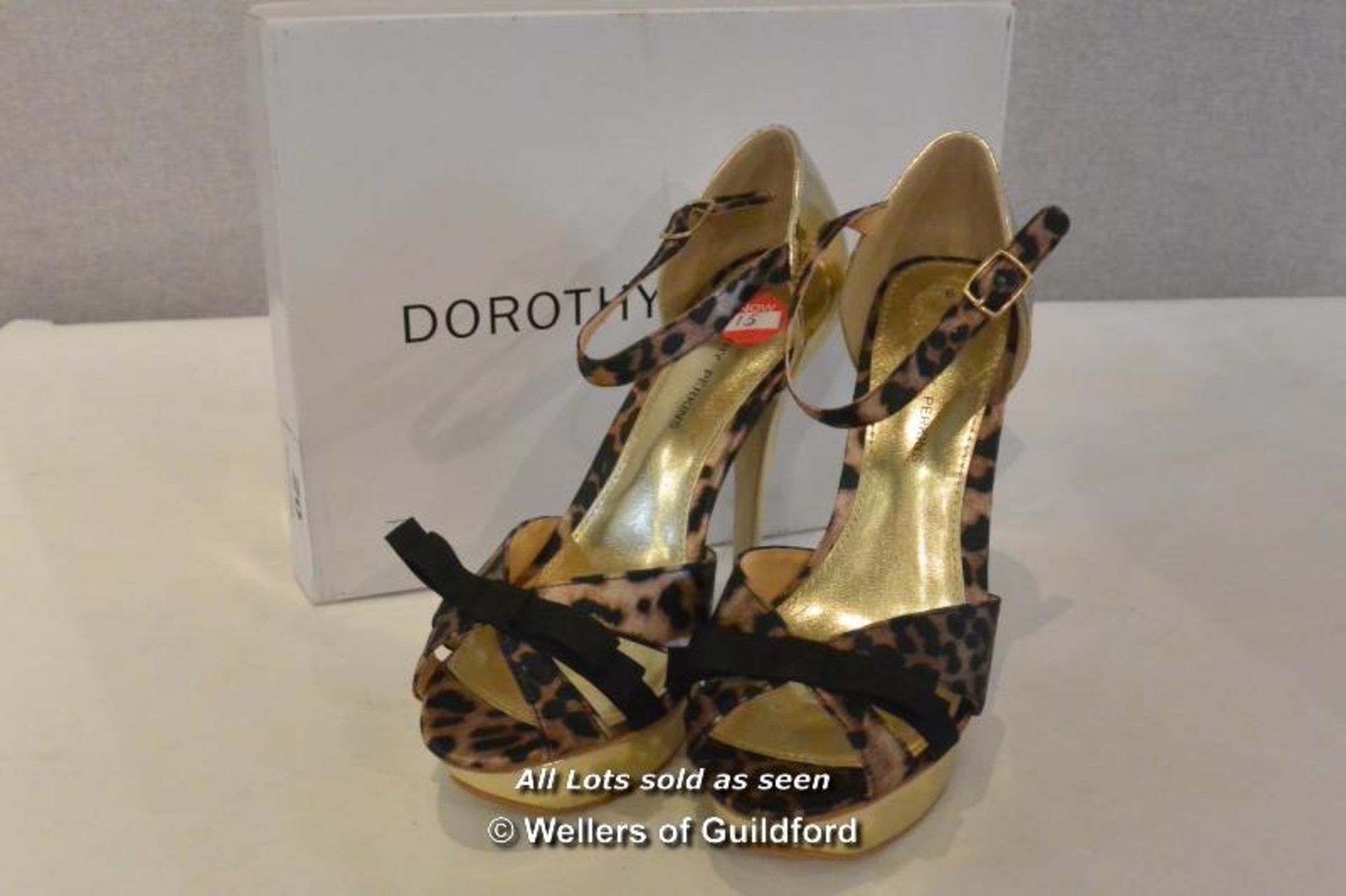 *X LADIES NEW AND BOXED DOROTHY PERKINS LEOPARD SABINE HIGH HEELED SANDALS - 6 (SH-0420-120516)