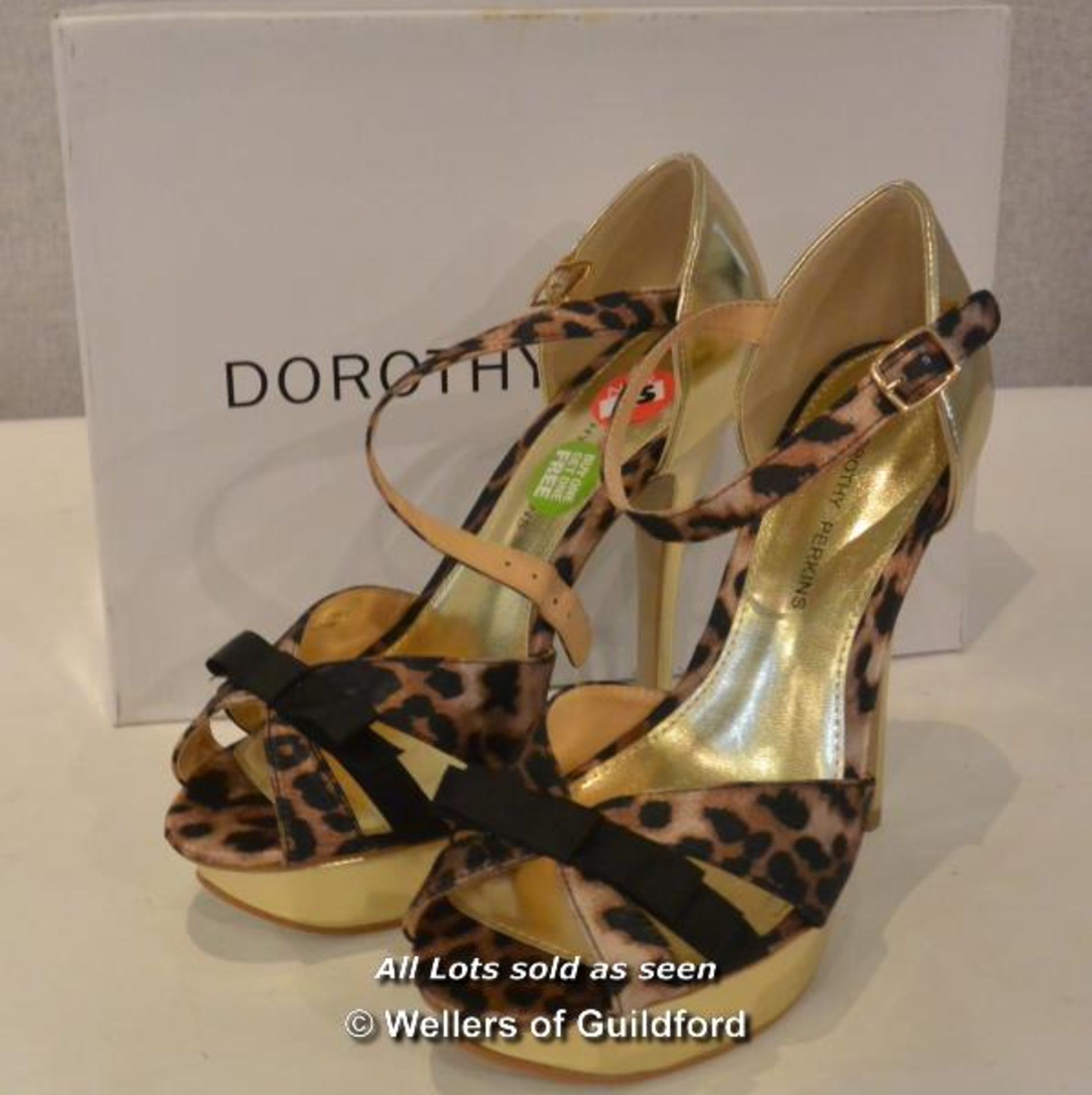 *X LADIES NEW AND BOXED DOROTHY PERKINS LEOPARD SABINE HIGH HEELED SANDALS - 5 (SH-0420-120516)