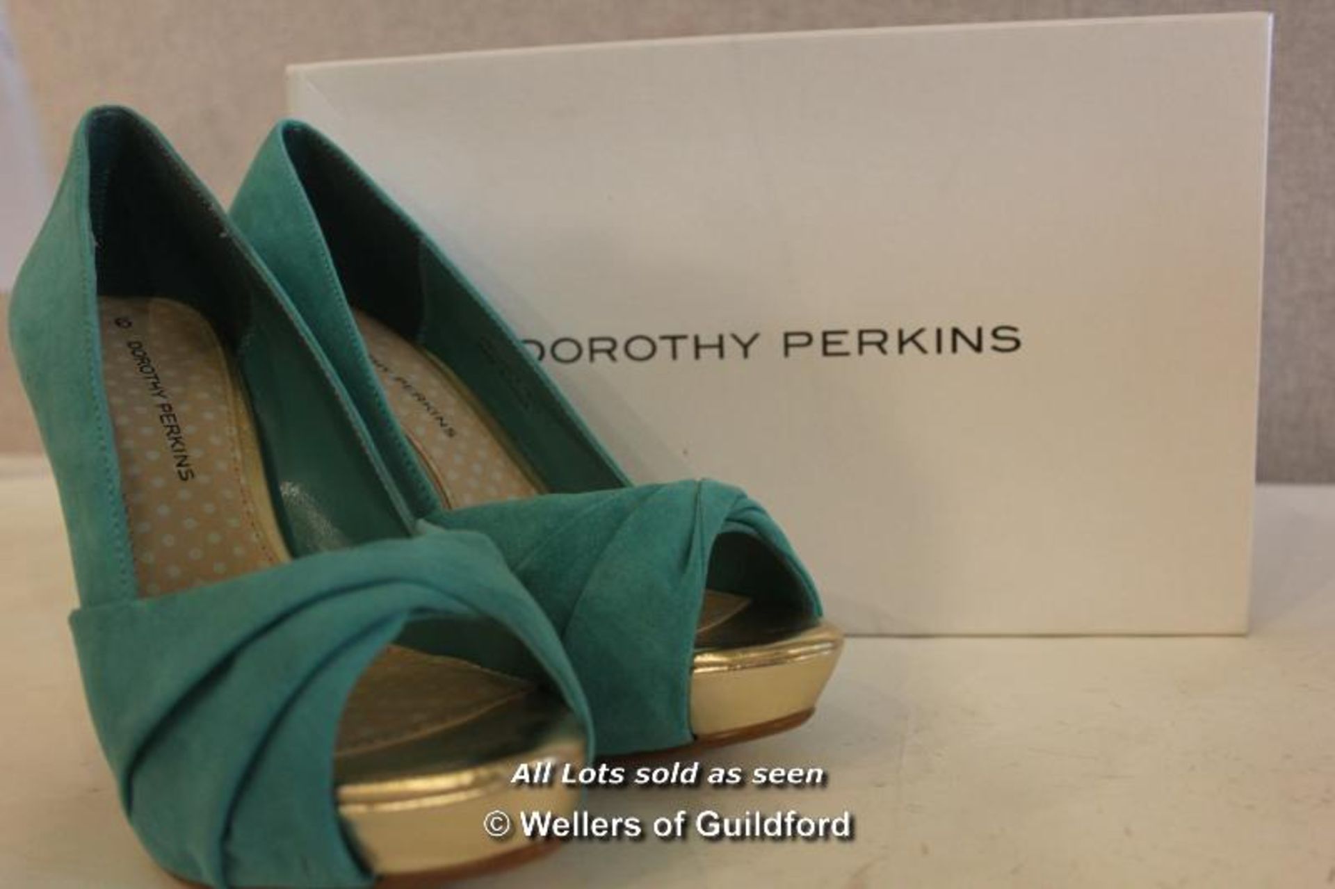 *X LADIES NEW AND BOXED DOROTHY PERKINS AQUA GLORY HIGH OPEN HEELS - 6 (SH-0420-120516)