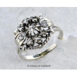 Diamond cluster ring, single cut and rose cut diamonds set in white metal, stamped with French