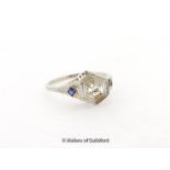 Art Deco diamond and sapphire ring, hexagonal shaped ring set with an old cut diamond to the