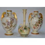 A pair of Royal Worcester baluster vases with gilded lug handles, painted with fuchsias and